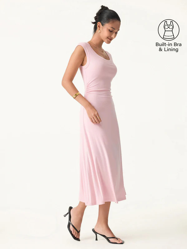 Scoop Neck Side Ruched New Airy Bra Midi Dress | OGLmove
