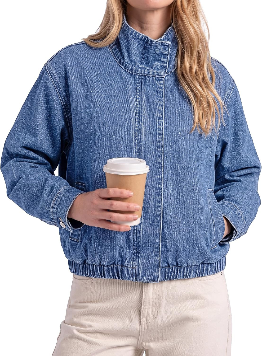 luvamia Jean Jacket Women Funnel Neck Zip Up Oversized Casual Denim Jackets | Amazon (US)