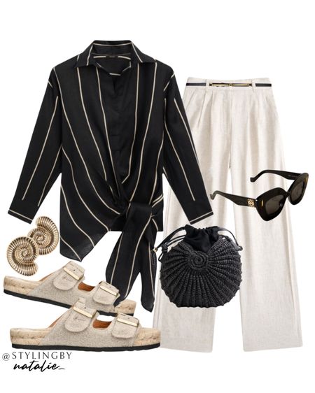 Linen striped shirt with tie knot, tailored linen trousers, sandals, straw bag, Loewe sunglasses.
Linen outfit, summer outfit, neutral outfit, work wear, smart casual, casual chic.

#LTKsummer #LTKstyletip #LTKworkwear