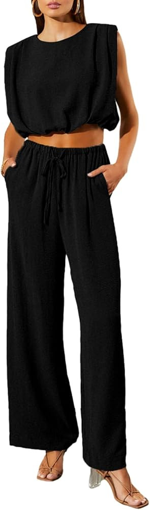 Dokotoo Summer 2 Piece Outfits for Women Sleeveless Crop Tank Tops and Wide Leg Pants with Pocket... | Amazon (US)