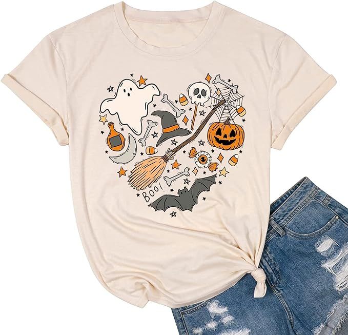 Halloween Doodles Shirt for Women Cute Vintage Graphic Halloween Party Tshirt Short Sleeve Fall S... | Amazon (US)