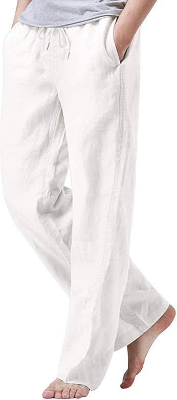 Mens Cotton Linen Drawstring Pants Elastic Waist Casual Jogger Yoga Pants | Amazon (US)