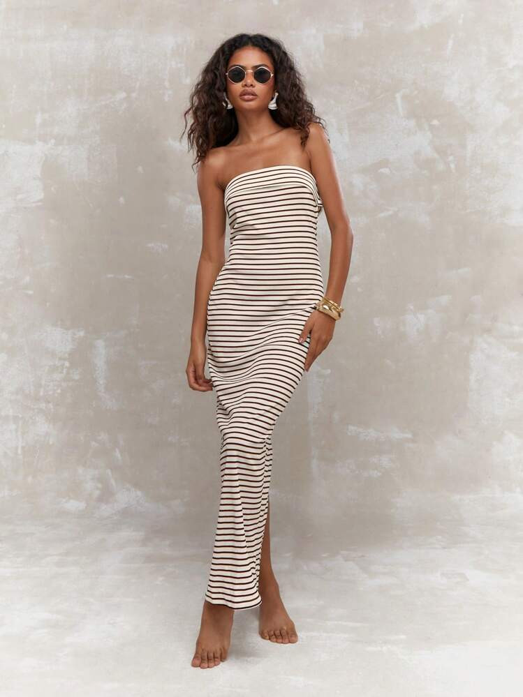 MISSGUIDED Striped Texture Ribbed Bandeau Slit Back Maxi Dress | SHEIN
