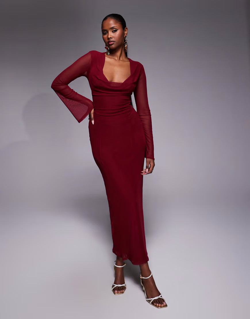 ASOS DESIGN mesh angel sleeve lace up back long sleeve maxi dress in burgundy-Red | ASOS (Global)