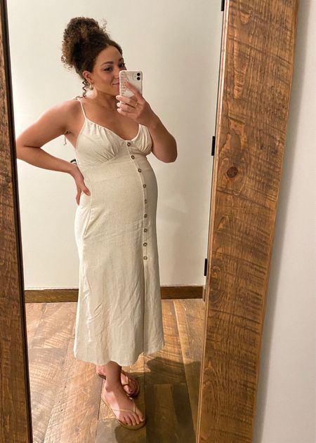Beige linen tie-strap midi dress with pockets and front buttons. Sized up for the bump!

#LTKbump #LTKfindsunder50
