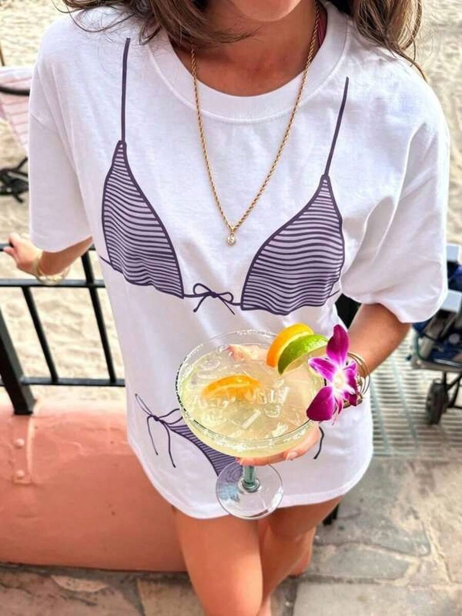 LocalWomen's T-Shirt, Bikini Digital Print, Super Loose Vacation Youth Dopamine Women's Short-Sle... | SHEIN