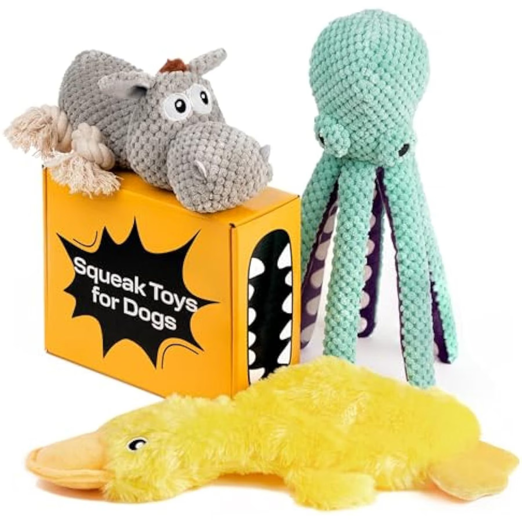 PetSpy Rope Donkey Octopus & Crinkle Duck Squeaky Plush Dog Chew Toy, Grey/Blue/Yellow, 3 count | Chewy