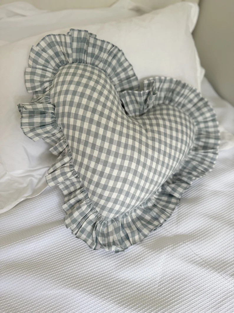 Flax linen blue gingham heart ruffle cushion | Etsy (US)