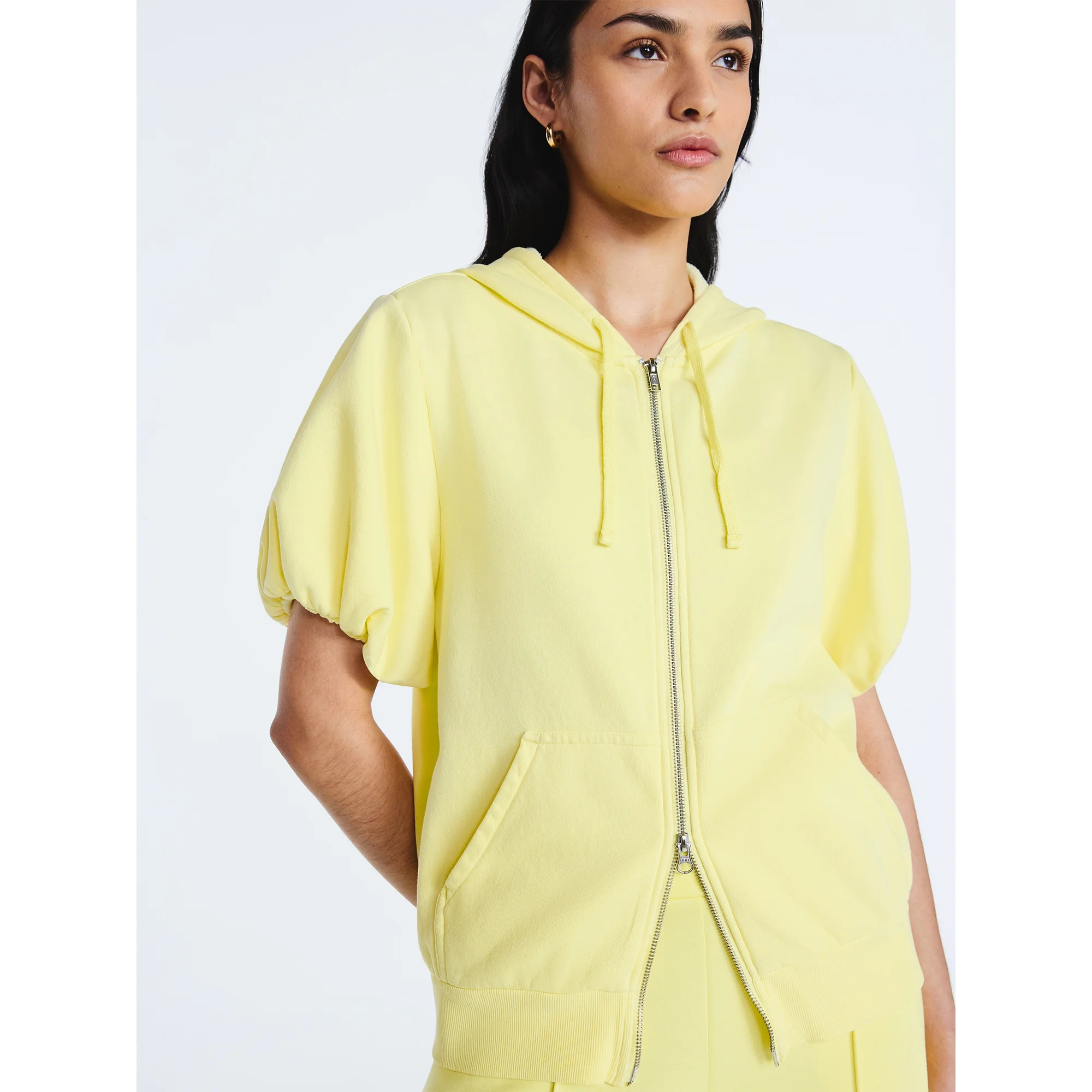 Scoop Women’s Mineral Washed Zip Hoodie with Short Puff Sleeves, Sizes XS-XXL | Walmart (US)