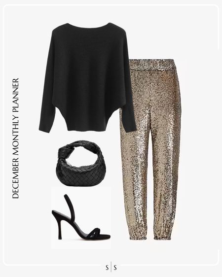 Monthly outfit planner: DECEMBER: Winter looks | batwing sweater, sequin jogger, black heel sandals, woven bag, Holiday party outfit, Christmas, New Years outfit

See the entire calendar on thesarahstories.com ✨ 

#LTKHoliday #LTKstyletip