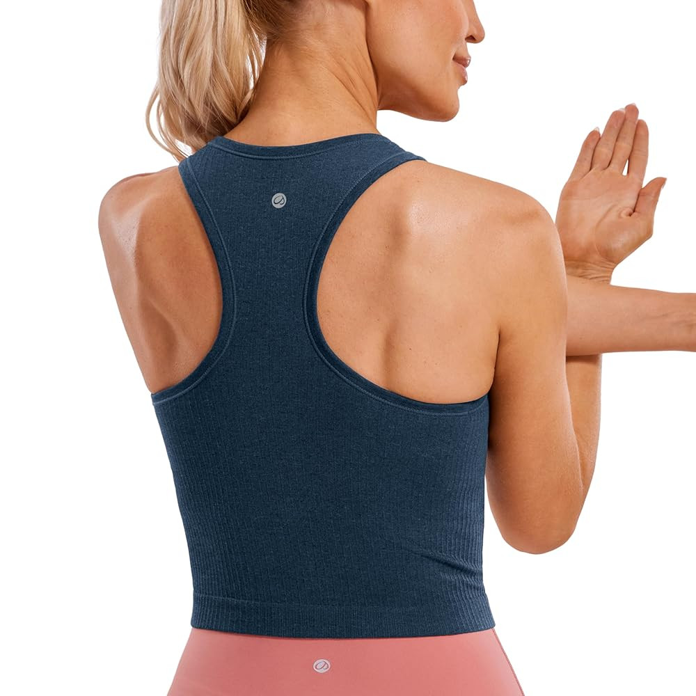 CRZ YOGA Womens Seamless Ribbed Longline High Neck Sports Bra - Racerback Padded Slim Fit Crop Ta... | Amazon (US)