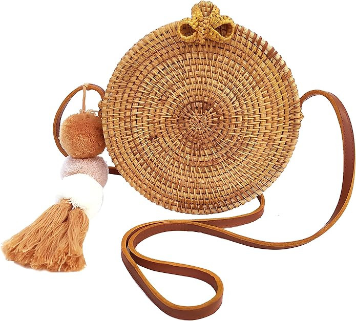 Star Rattan Straw Crossbody Bag with Genuine Leather | Boho Ata Handbag | Amazon (US)