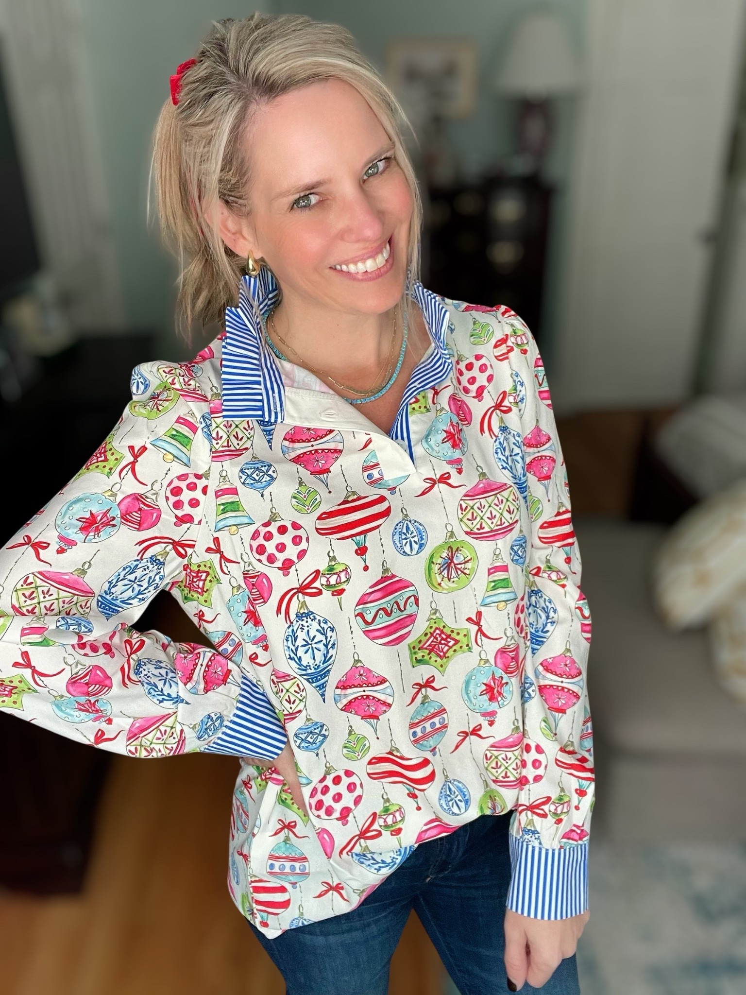 Holiday style is officially in full swing! 🎄 This festive ornament print blouse from SHEIN gives all the cheerful Christmas vibes with its colorful baubles, candy-stripe details, and contrast blue-and-white striped collar and cuffs. I paired it with my 7 For All Mankind Slim Illusion Kimmie Bootcut Jeans for a flattering, polished fit that keeps things classic and comfy. The look is finished with red plaid pointed-toe heels from Amazon and a sweet red velvet bow in my hair for that perfect pop of Christmas charm. 🎁

This outfit is ideal for a casual holiday party, cookie-decorating night, or family photos — festive without being over the top. Style tip: layer delicate gold and turquoise necklaces for a chic touch of sparkle that still keeps the focus on that playful print! ✨

🎀 Outfit Details:
• SHEIN Holiday Ornament Print Blouse – under $20 🎄
• 7 For All Mankind Slim Illusion Bootcut Jeans
• Amazon MOVINSTEPS Plaid Heels 👠
• Amazon Velvet Bow Hair Clip (red set)
• Melinda Maria & PAVOI Jewelry layered stack


holiday outfit ideas, festive blouse, Christmas top for women, ornament print shirt, SHEIN holiday collection, casual holiday look, preppy Christmas outfit, plaid heels Amazon, velvet hair bow, Melinda Maria necklace, holiday jewelry layering, winter fashion inspo, affordable holiday outfit, Christmas brunch outfit, coastal preppy holiday style

#LTKFindsUnder50 #LTKOver40 #LTKFindsUnder100

#LTKOver40 #LTKFindsUnder100 #LTKFindsUnder50