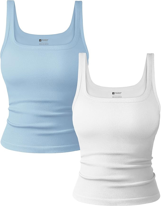 OLCHEE Womens 2PK Square Neck Tank Tops Seamless Ribbed Trendy Going Out Basic Shirts 2025 Summer... | Amazon (US)