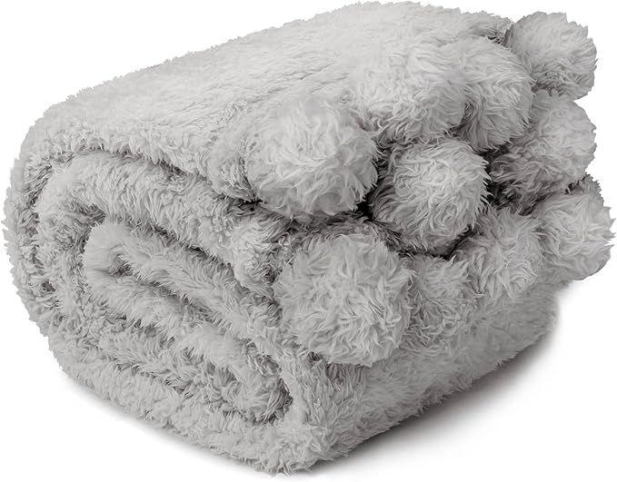 PAVILIA Light Gray Sherpa Throw Blanket with Soft Pom Pom Fringe, Plush Cozy Warm Blankets for Co... | Amazon (US)