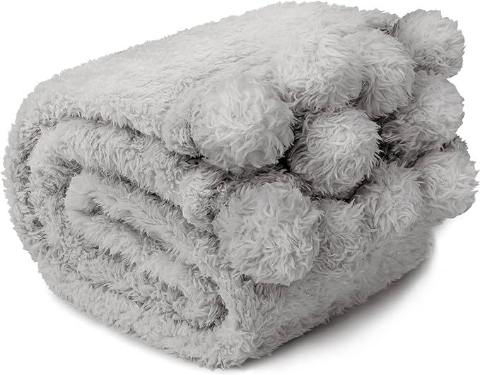 PAVILIA Light Gray Sherpa Throw Blanket with Soft Pom Pom Fringe, Plush Cozy Warm Blankets for Co... | Amazon (US)