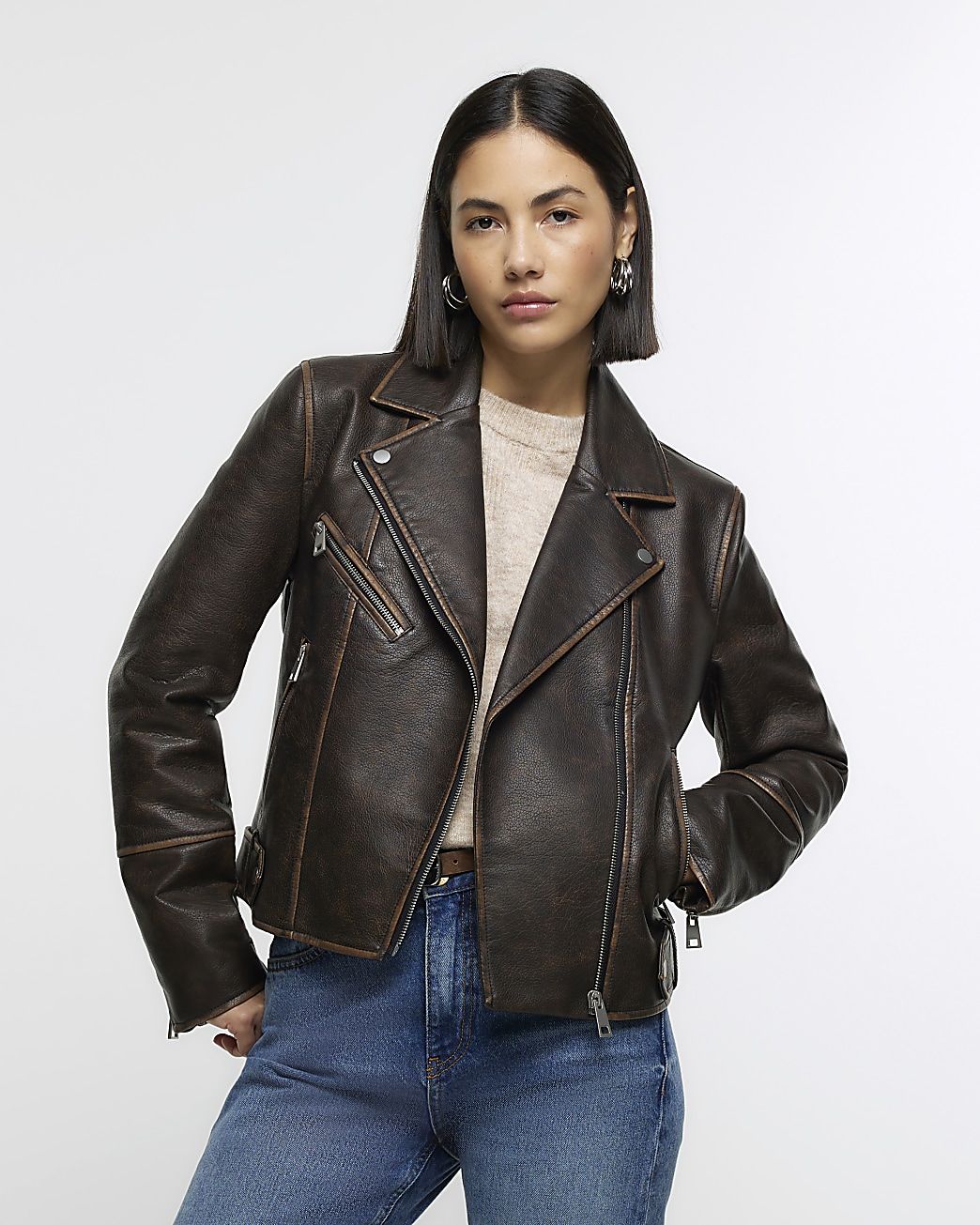 Brown faux leather distressed biker jacket | River Island (US)