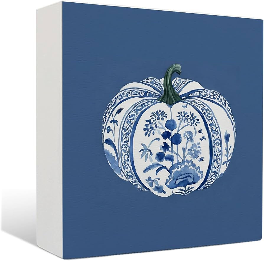Chinoiserie Pumpkin Wooden Sign - Fall Pumpkin Wooden Box Signs, Blue and White Chinoiserie Fall ... | Amazon (US)