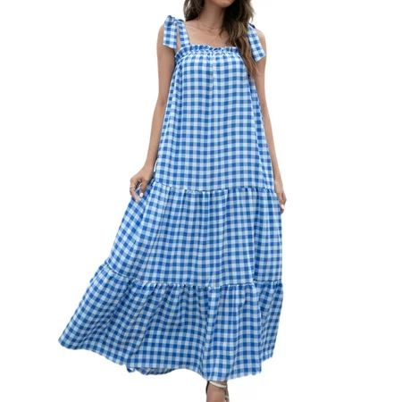 UKAP Women Boho Kaftan Maxi Sundress Ladies Plaid Loose Dress Sleeveless Long Maxi Dress Summer Casu | Walmart (US)