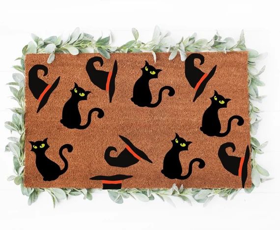 Black cat & witch doormat, Fall Doormat, Halloween Doormat, Funny Doormat, Home Decor, Custom Doo... | Etsy (US)