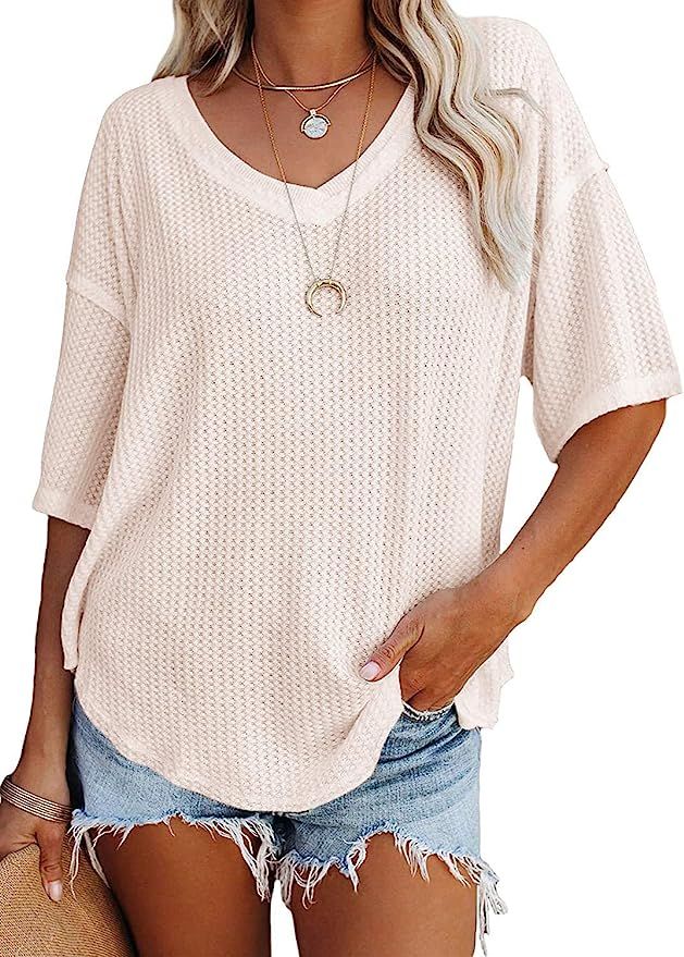 Yanekop Womens Oversized Waffle Knit Pullover V Neck Half Sleeve Sweater Loose Fit Top | Amazon (US)