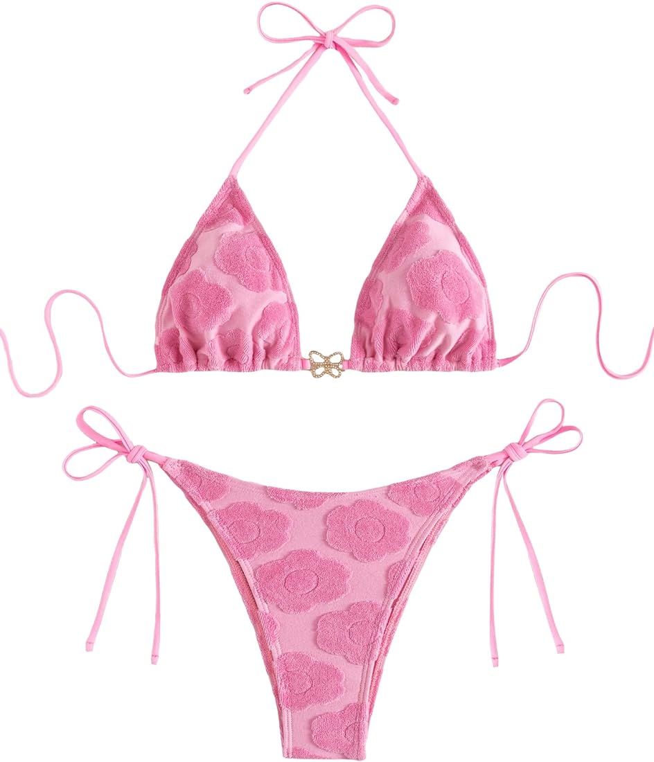 GORGLITTER Women's 2 Piece Floral Print Triangle Swimsuit Wireless Halter Bikini Set Tie Side Tho... | Amazon (US)