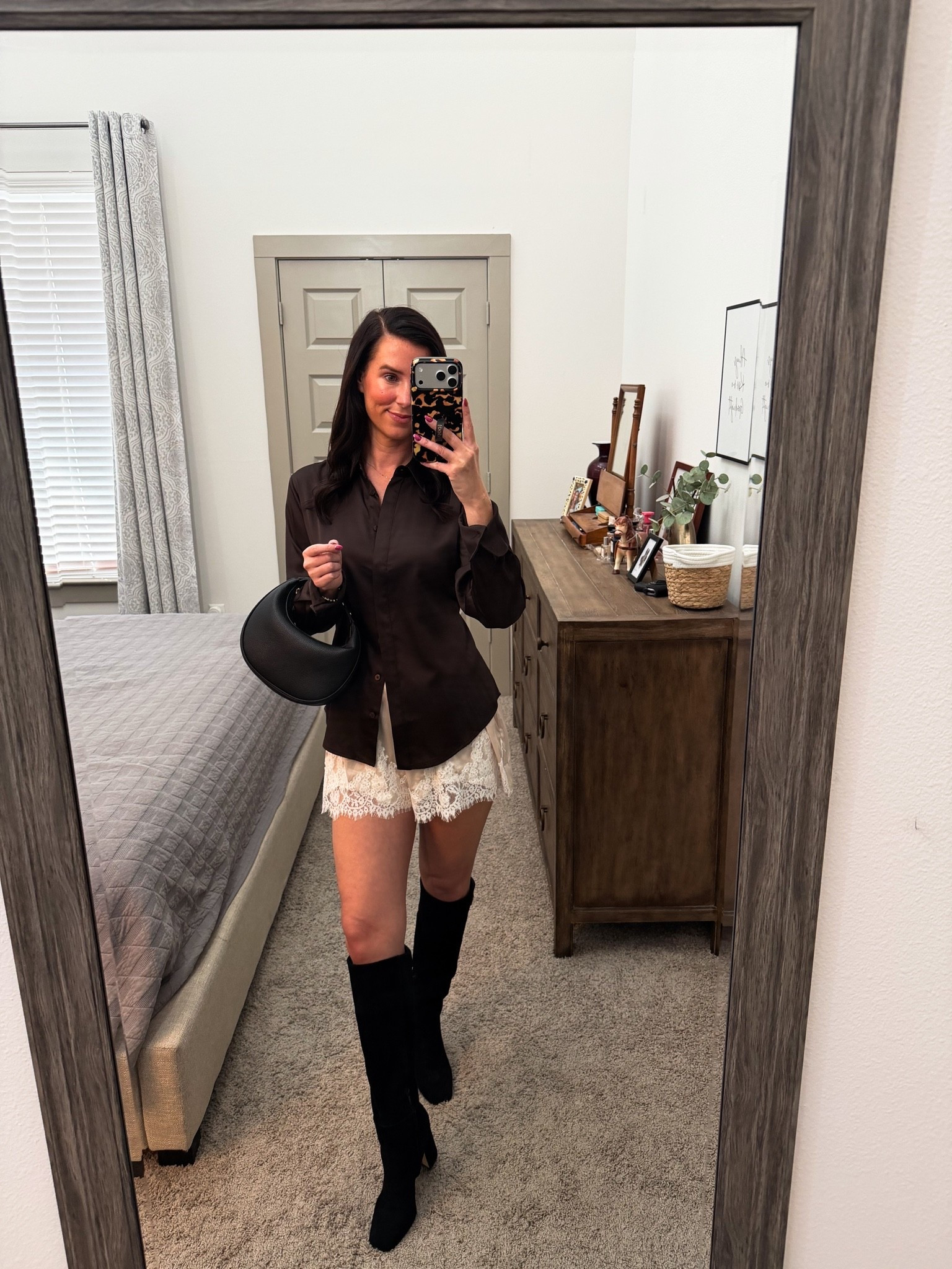 Fall ootd // satin button down // lace shorts // Abercrombie // Amazon // fall finds // date night outfit // fall tops // shorts