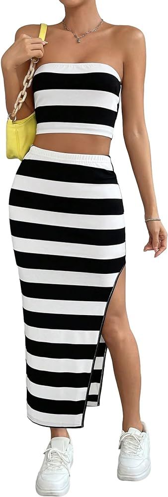 Verdusa Women's 2 Piece Outfit Striped Crop Tube Top and Split Thigh Maxi Bodycon Skirt Set | Amazon (CA)