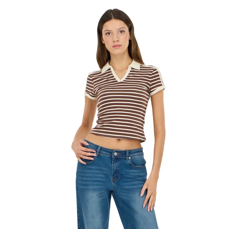 Forever 21 Women’s Polo Tee with Allover Stripes Casual Classic Trend Style, XS-XL | Walmart (US)