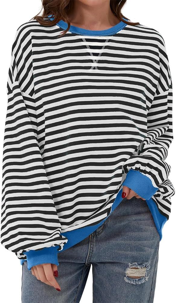 AlvaQ Womens Oversized Sweatshirt 2024 Casual Crewneck Long Sleeve Colorblock Striped Pullover Tu... | Amazon (US)