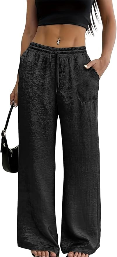 Unybwonn Women Wide Leg Satin Pants Palazzo Drawstring Pleated Pants Elastic Waist Party Metallic... | Amazon (US)