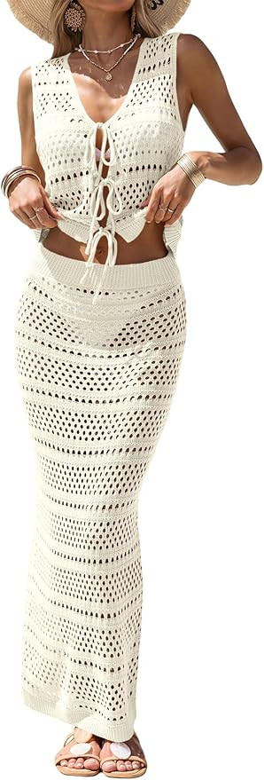 Fisoew Womens Summer Crochet Swim Cover Up 2 Piece Sleeveless Front Tie Crop Tops Beach Maxi Skir... | Amazon (US)