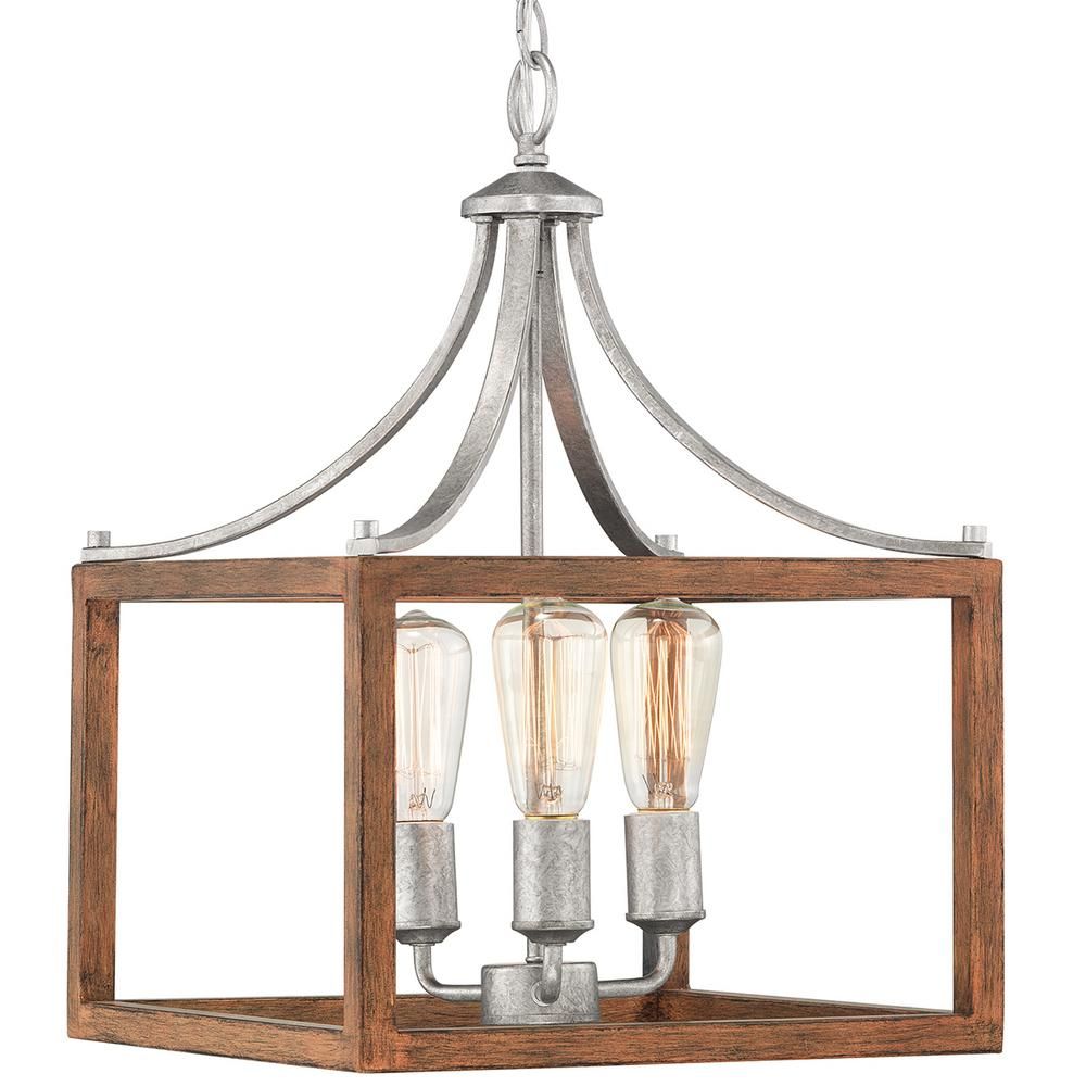 Boswell Quarter Collection 3-Light Galvanized Pendant with Painted Chestnut Wood Accents | The Home Depot