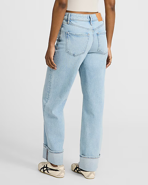 High Waisted Light Wash Cuffed Relaxed Straight Jeans | Express