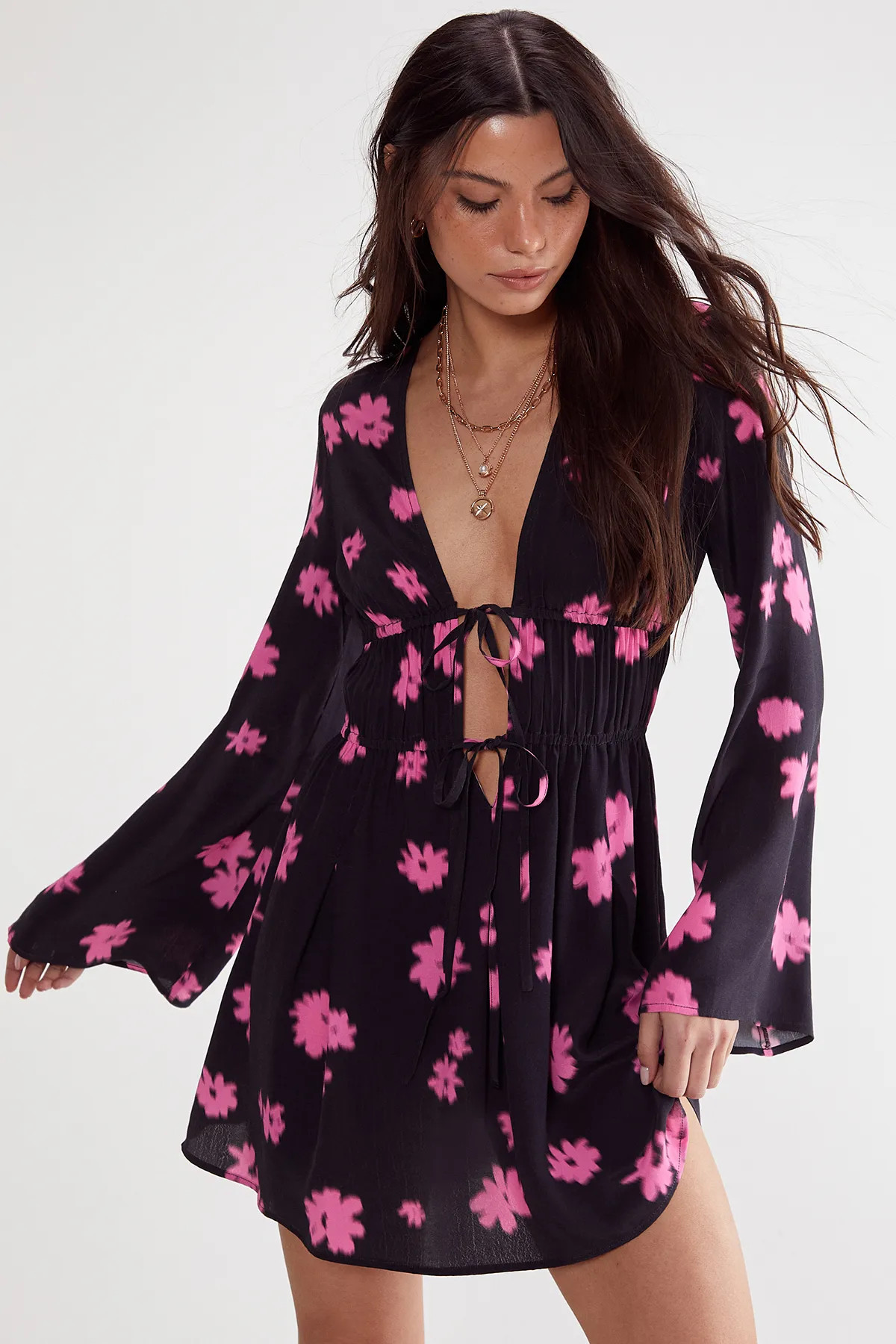 Dresses | Ditsy Floral Ruched Tie Fluted Sleeve Mini Dress | NastyGal | boohoo (US & Canada)