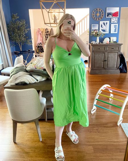 💚💚💚 what a perfect summer dress! Currently wearing it over a pregnancy bump but will sit way better post-partum! The fit is true to size (adjustable straps too) and it comes in black as well! It’s under $30!! 
- summer dresses - midi dress - neon dress - green dress - target finds - target fashion - target dress 

#LTKbump #LTKfindsunder50 #LTKstyletip