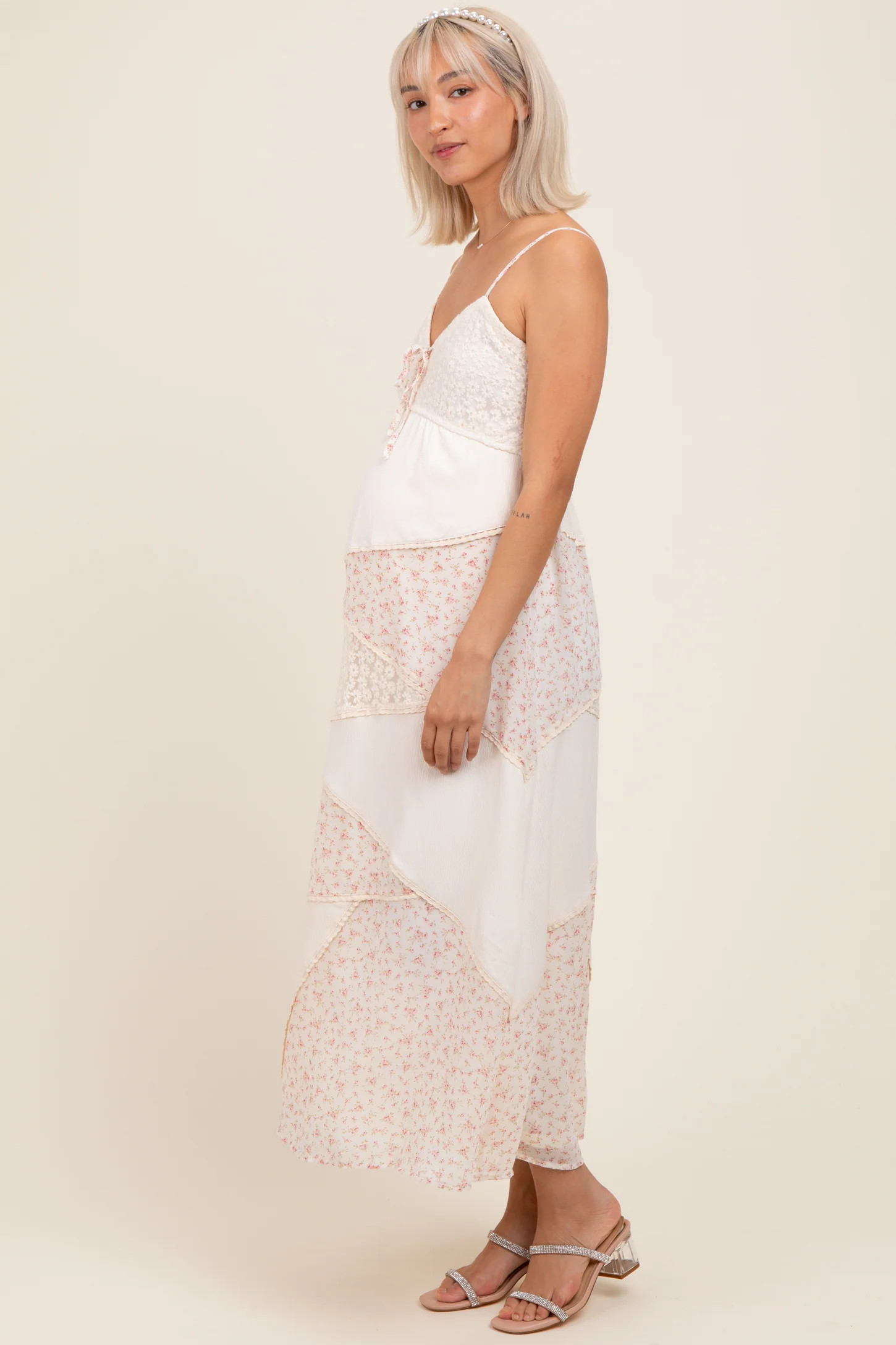 Cream Floral Sweetheart Neck Maternity Midi Dress | PinkBlush Maternity