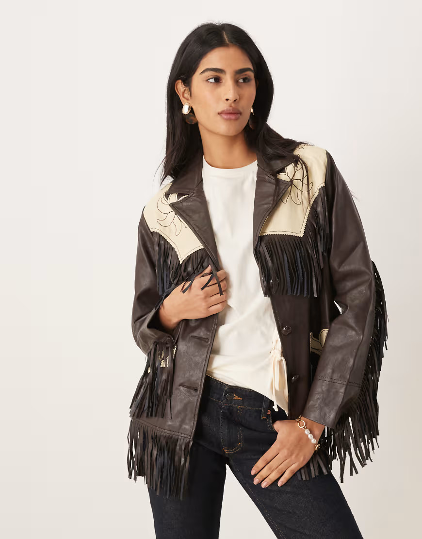 Wrangler x Lainey Wilson faux leather fringe jacket in brown | ASOS (Global)