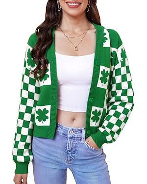 Women's St Patrick's Day Cute Y2K Cropped Cardigan Long Sleeve Button Down Shamrock Sweater | Amazon (US)