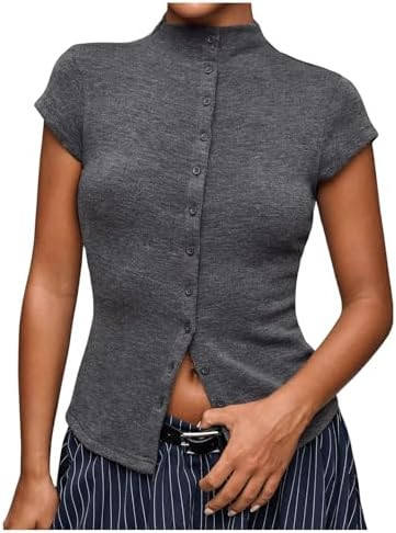 Milumia Women's Cap Sleeve Knit Top Mock Neck Button Down Slim Fit Casual Sweater Tops | Amazon (US)