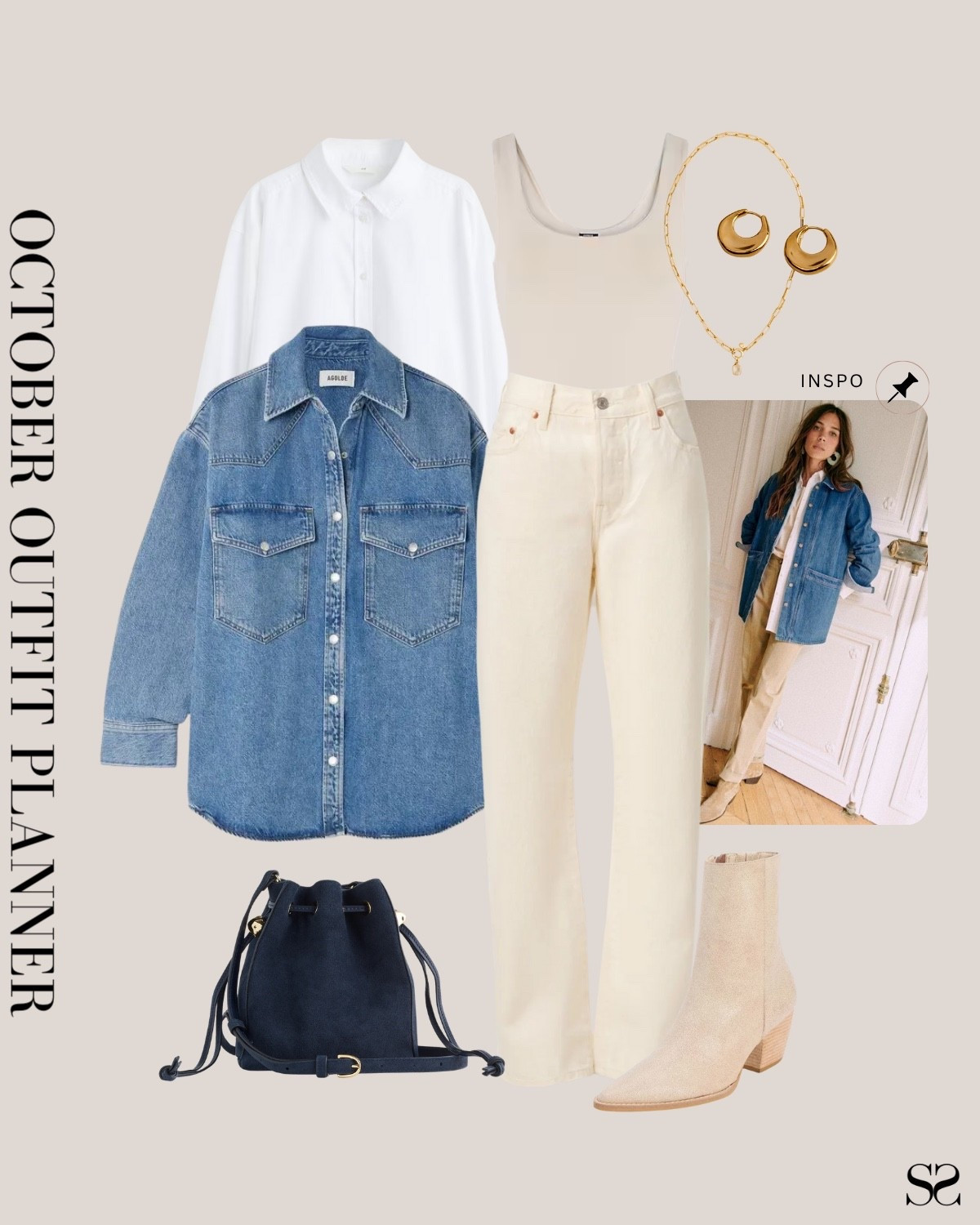 Monthly outfit planner OCTOBER: Fall outfits | white button up, ecru denim, denim jacket, bucket bag, western boots

#falloutfit #classicstyle #casualstyle 

Image inspo credit: Sézane 


#LTKStyleTip #LTKSeasonal