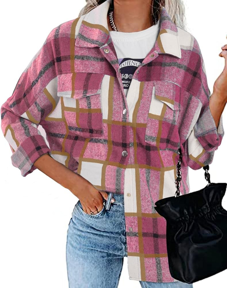 Women's Casual Plaid Shacket Wool Blend Button Down Long Sleeve Shirt Jacket Coats with Pockets | Amazon (US)