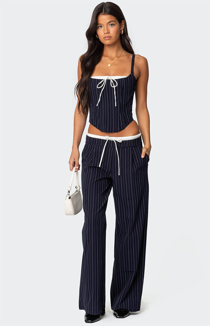 Edikted Women's Pinstripe Peekaboo Drawstring Pants in Navy/White - Size Small | PacSun