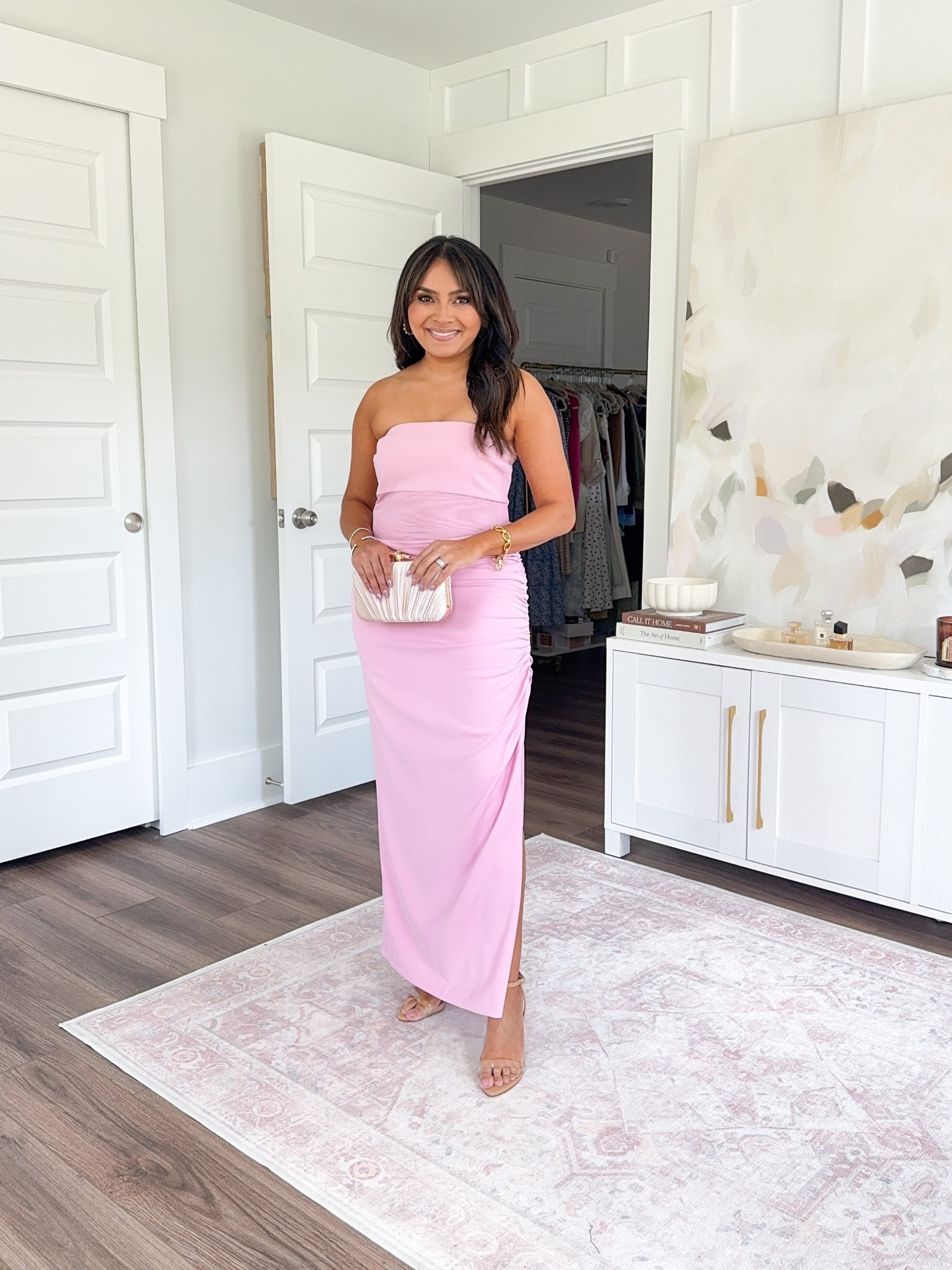 Pink sheer panel draped dress size small petite - sized up a size for room in the hips
Clear heels size 5 TTS


#LTKWedding #LTKPetite #LTKSaleAlert