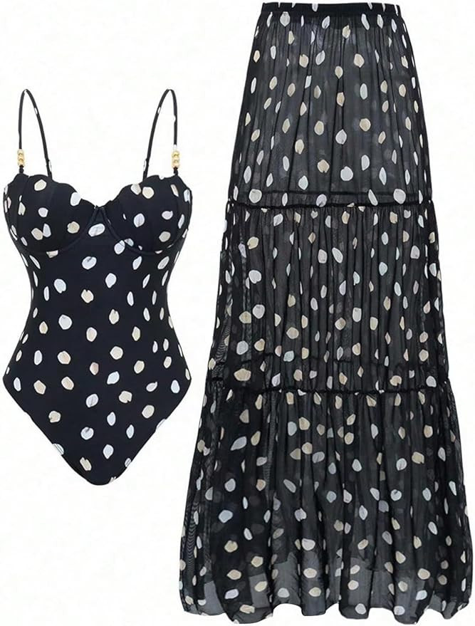 Women's One Piece Swimsuit with Cover Up Skirt Vintage Polka Dots Ruffle Underwire Bathing Suit B... | Amazon (US)