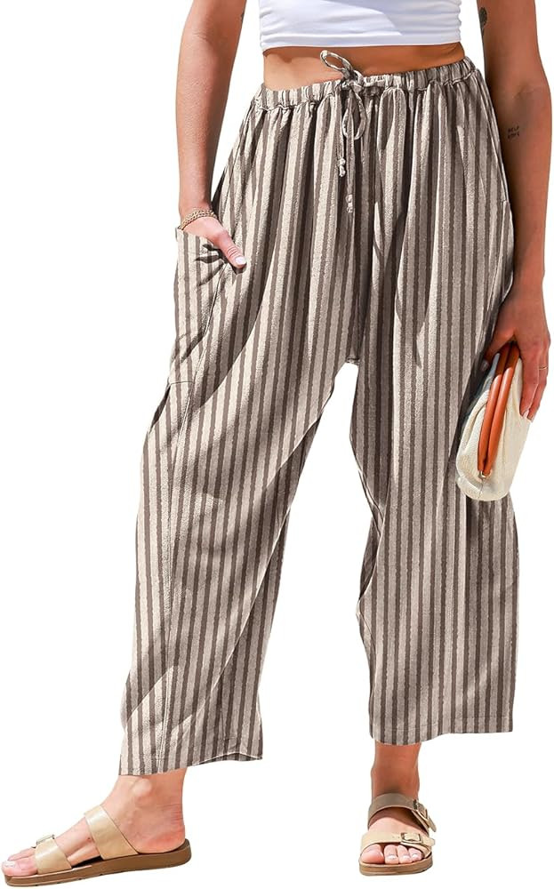 TARSE Womens Linen Wide Leg Pants Casual Loose Drawstring Summer 2025 Beach Travel Vacation Palaz... | Amazon (US)