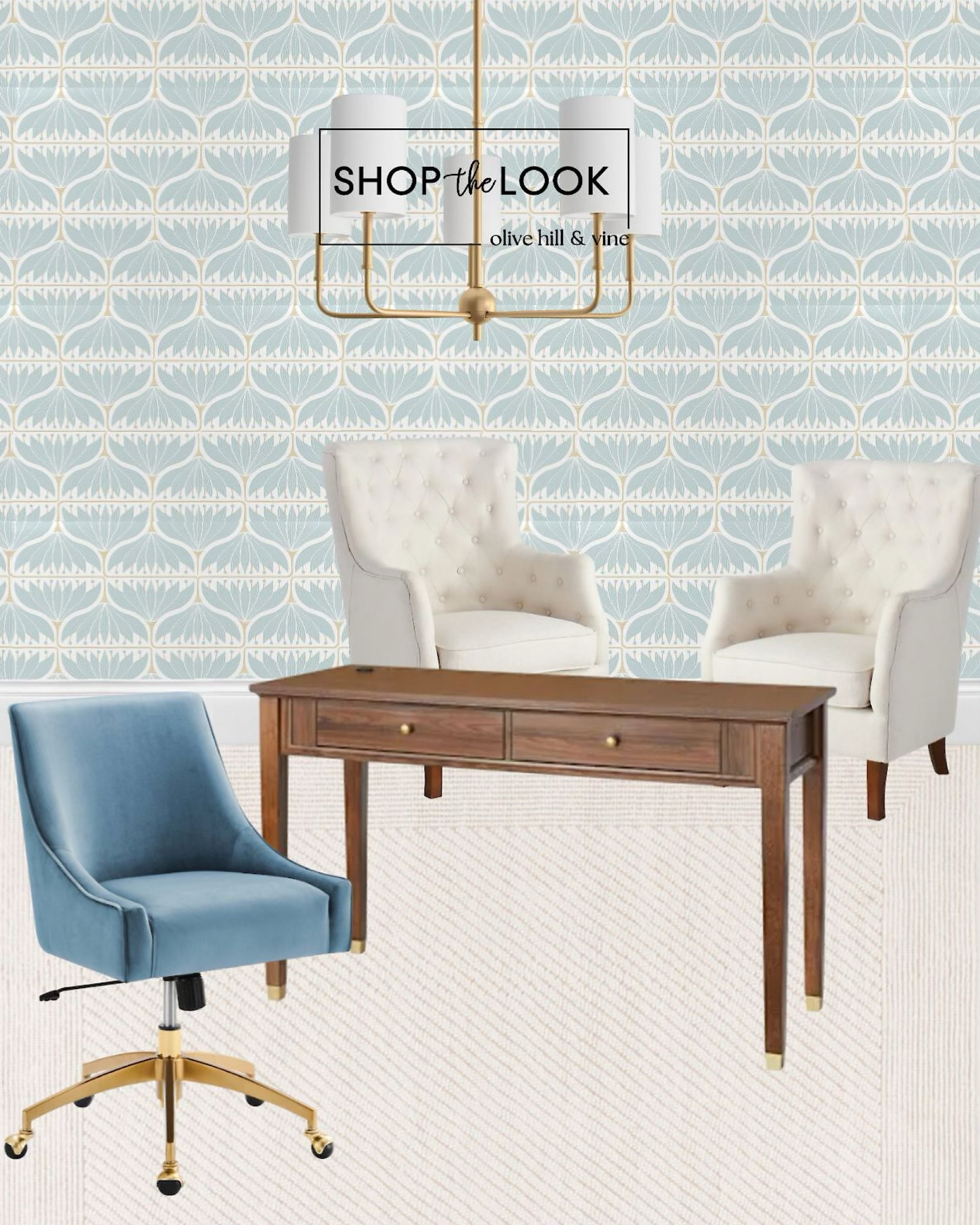 Discover a sleek office design where function meets style. Featuring a walnut desk with two drawers, white tufted accent chairs, a blue velvet chair with a gold base, a textured handwoven rug, blue lotus wallpaper, and a dimmable gold chandelier with shaded candlestick holders. 

#LTKFamily #LTKStyleTip #LTKHome