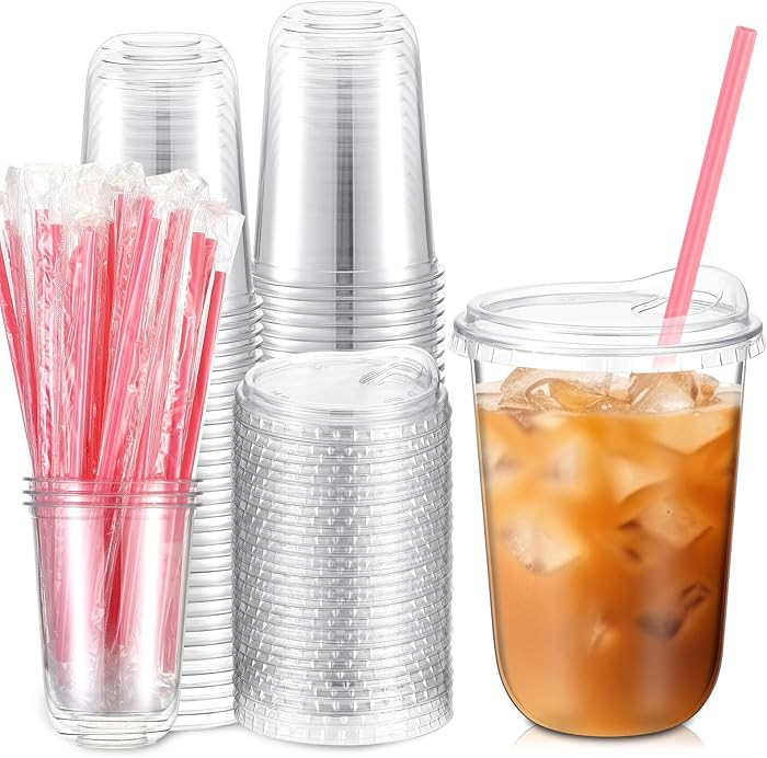 50 Sets Clear Plastic Cups with Heart Shaped Pink Straws and Strawless Lids Disposable Clear PET ... | Amazon (US)