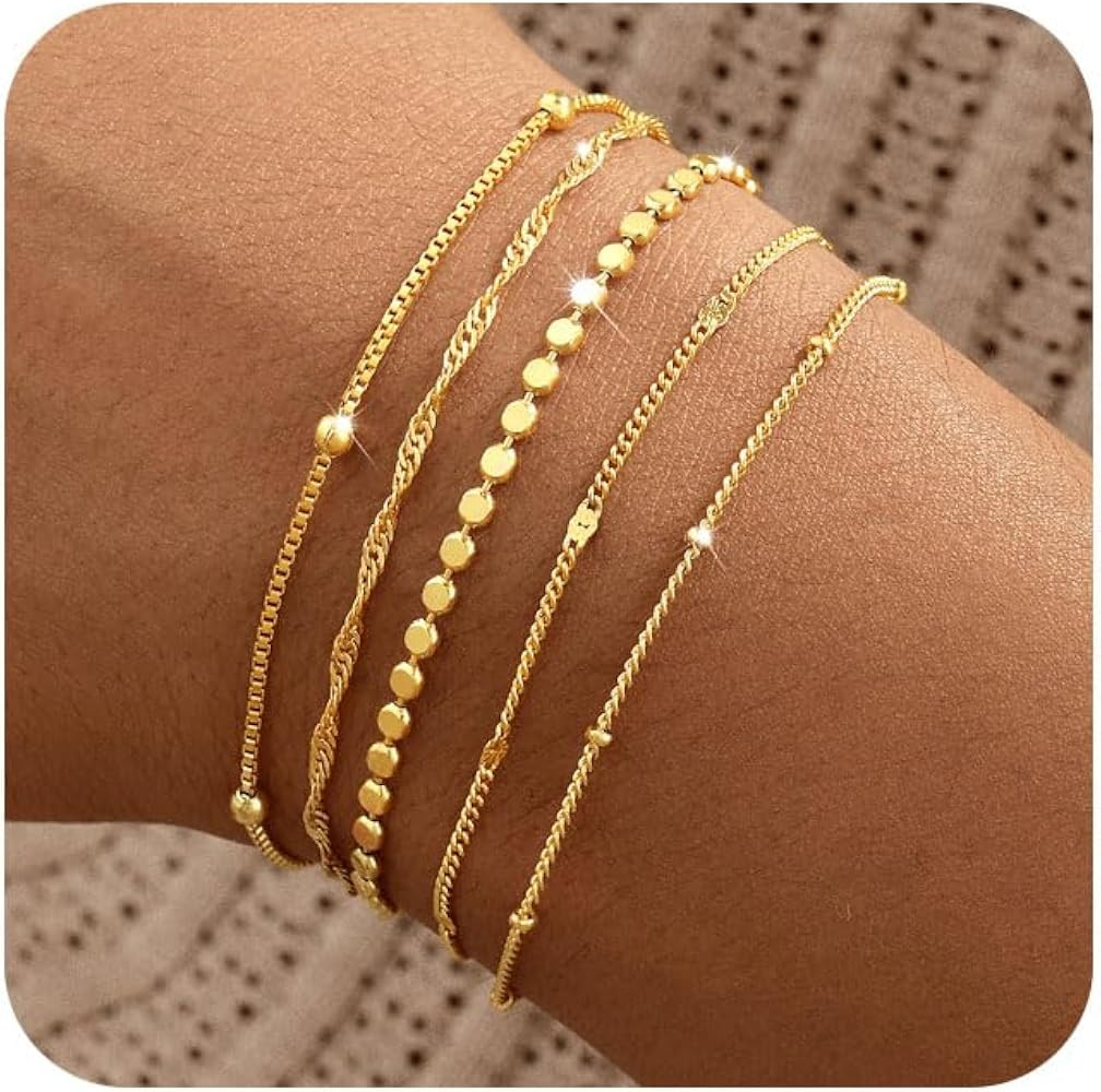Gold Bracelets for Women, 14K Gold Plated Stackable Bracelet Stack Set Adjustable Charm Paperclip... | Amazon (US)