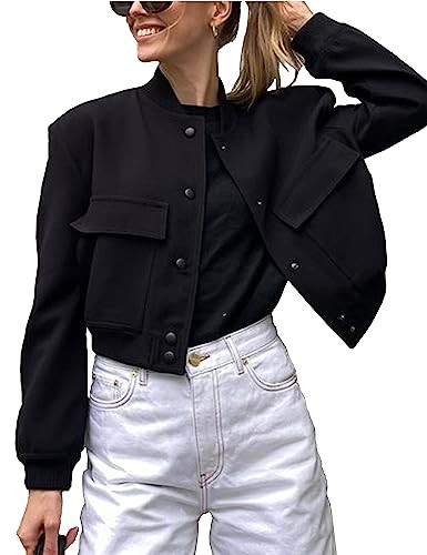 Womens Cropped Bomber Jacket Button Down Varsity Jackets Shackets With Pockets | Amazon (US)